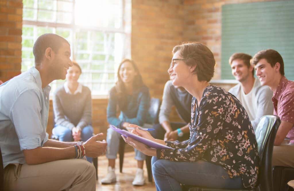 A group therapy exercise during rehab for college students in Philadelphia.