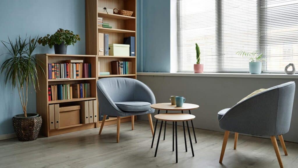 A comfortable armchair in a peaceful therapy office at Recovery Home PA